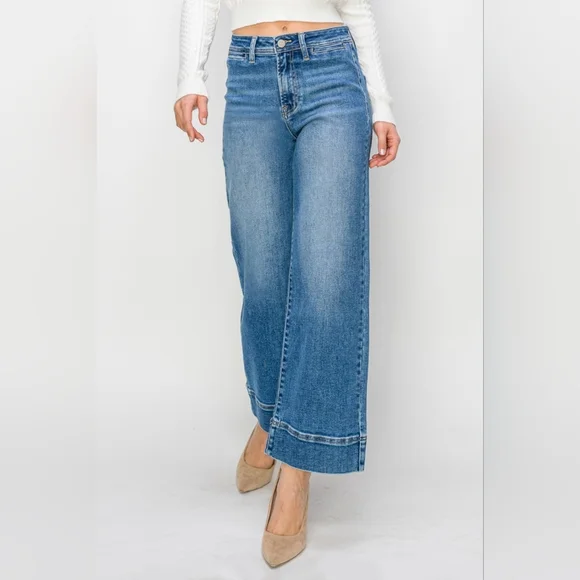 RISEN Wide Leg Flare Bell Bottom High-Rise Waist Jeans Retro Classic Denim Pants - Picture 2 of 12